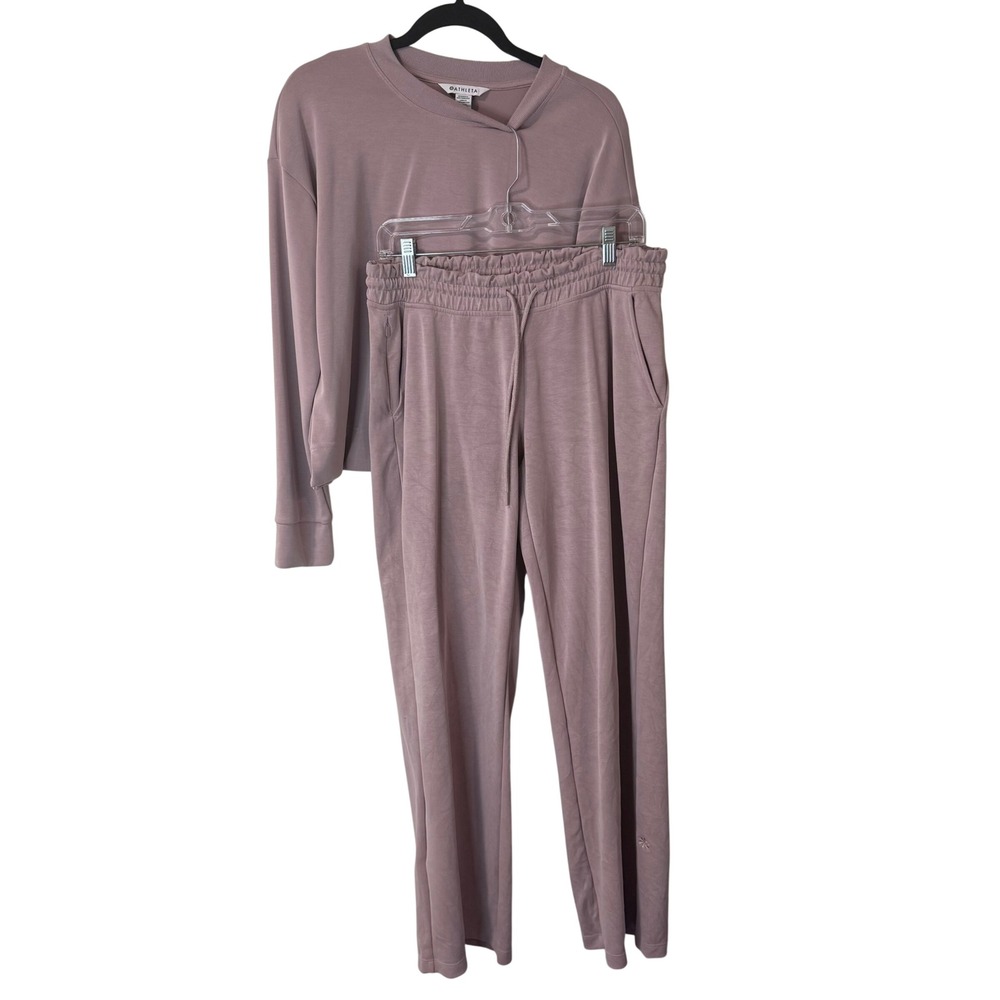 Athleta Womens Seasoft Set M Pink Sweatshirt Pullover Wide Leg Lounge